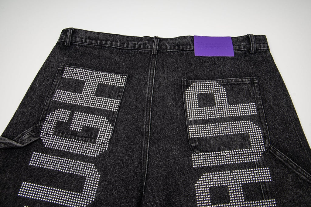 THAT'S A AWFUL LOT OF COUGH SYRUP Rhinestone Washed Denim Shorts ¡ª detail