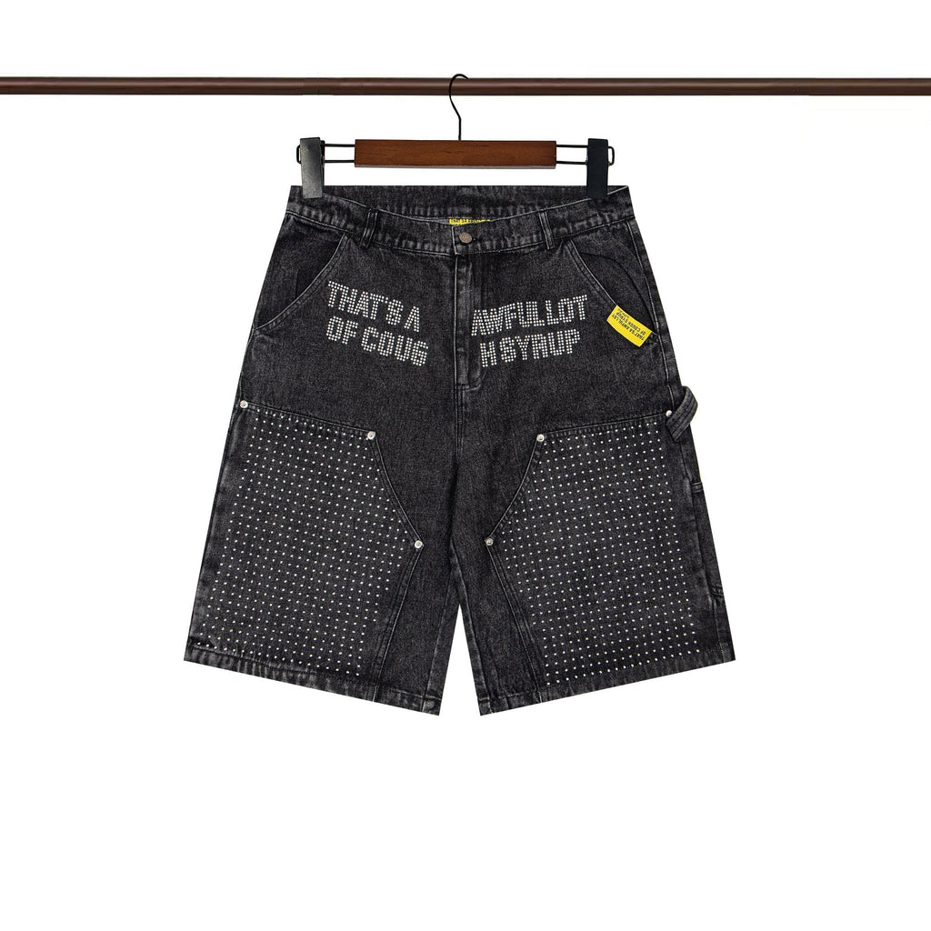 THAT'S A AWFUL LOT OF COUGH SYRUP Rhinestone Washed Denim Shorts ¡ª hero