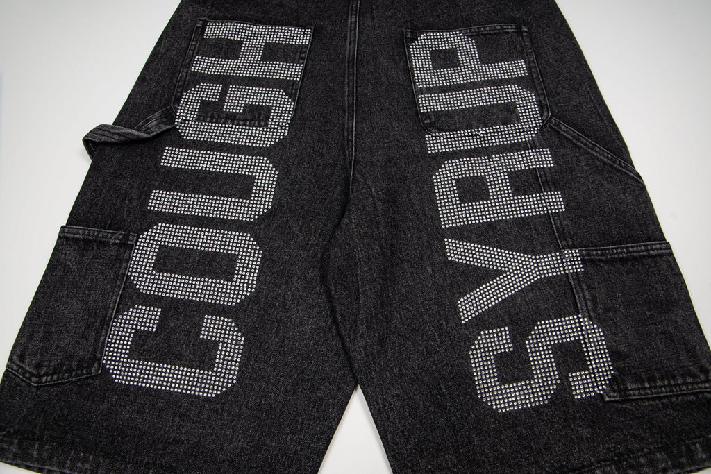 THAT'S A AWFUL LOT OF COUGH SYRUP Rhinestone Washed Denim Shorts ¡ª detail