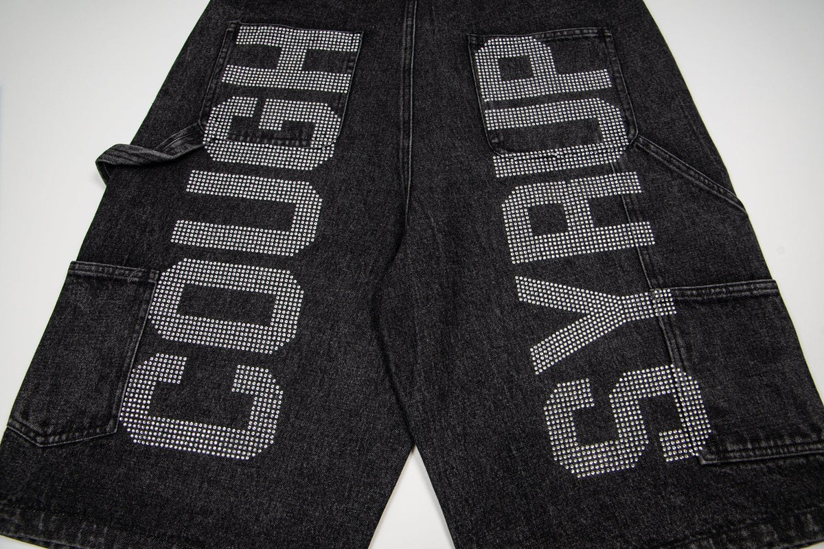 THAT'S A AWFUL LOT OF COUGH SYRUP Rhinestone Washed Denim Shorts ¡ª detail